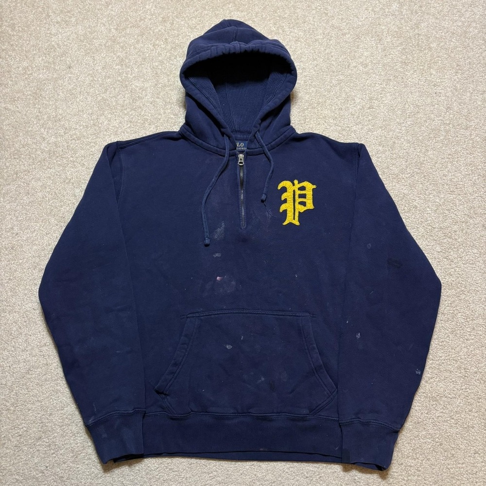 Polo Ralph Lauren Hoodie Sweatshirt Mens Medium Blue Varsity‎ P Logo 1/4 Zip